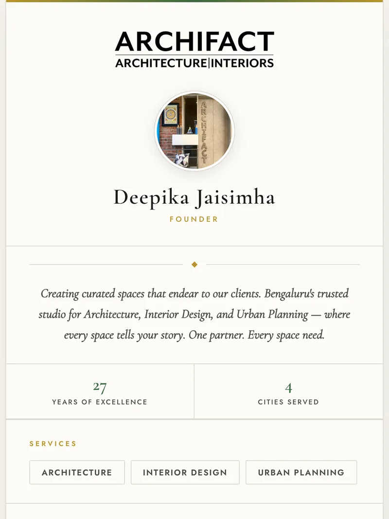 TapHello connect page designed for Deepika Jaisimha, ARCHIFACT — an architecture and interior design studio in Bengaluru