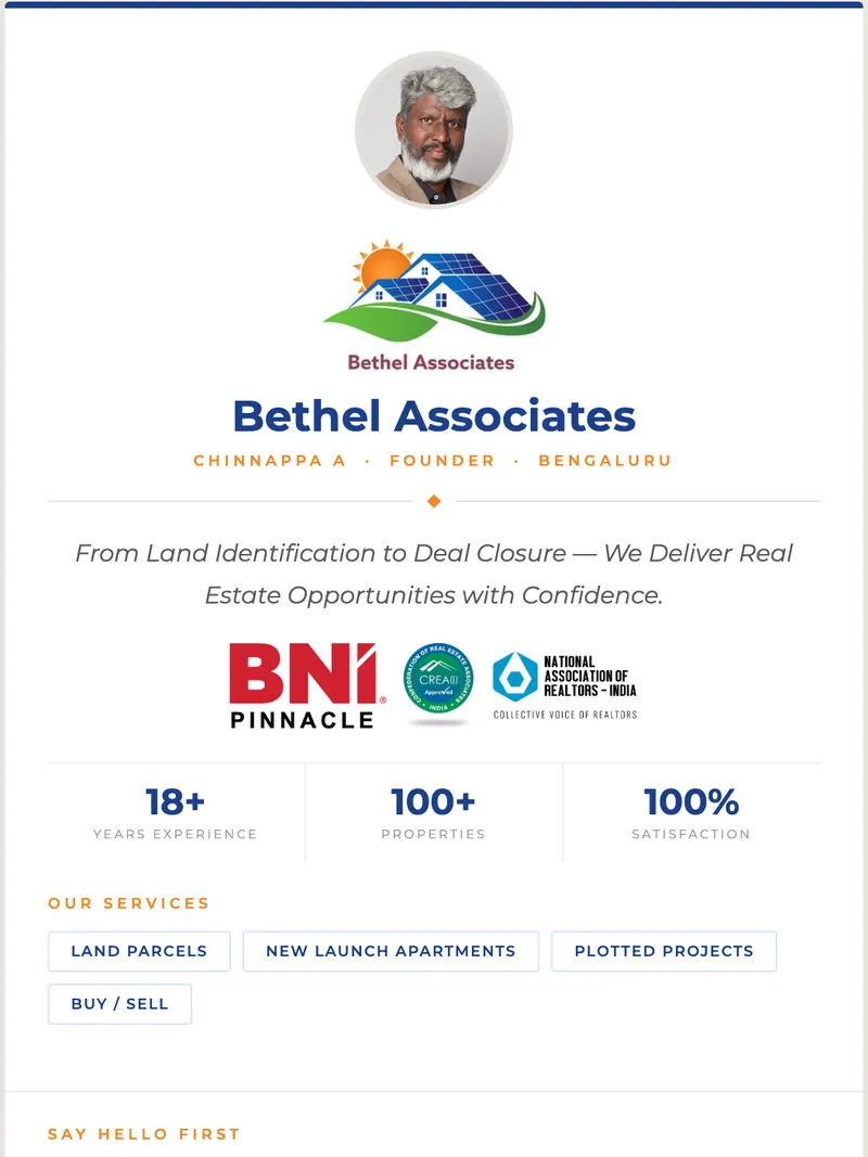 TapHello connect page designed for Chinnappa A, Bethel Associates — a real estate firm in Bengaluru
