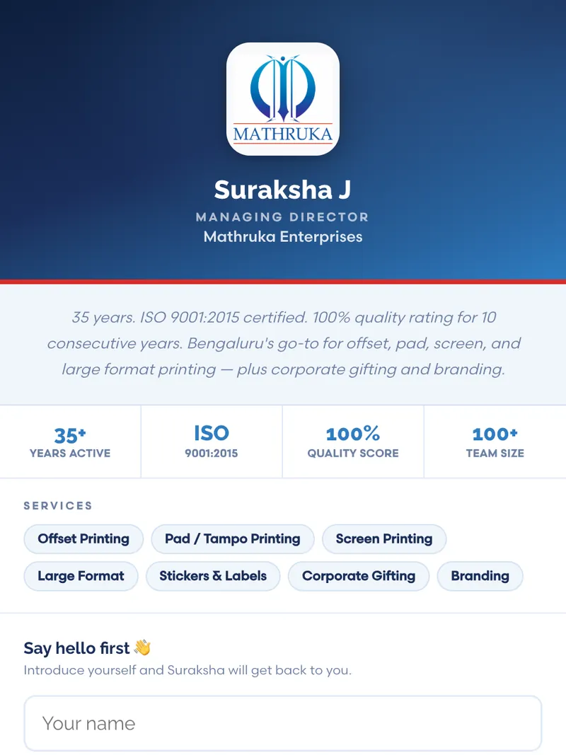 TapHello connect page designed for Suraksha J, Mathruka Enterprises — a commercial printing company in Bengaluru