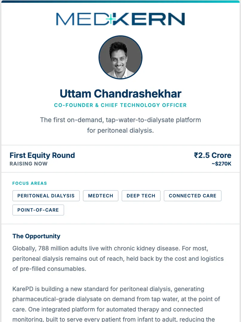 TapHello connect page designed for Uttam Chandrashekhar, MedKern — a medtech company in peritoneal dialysis