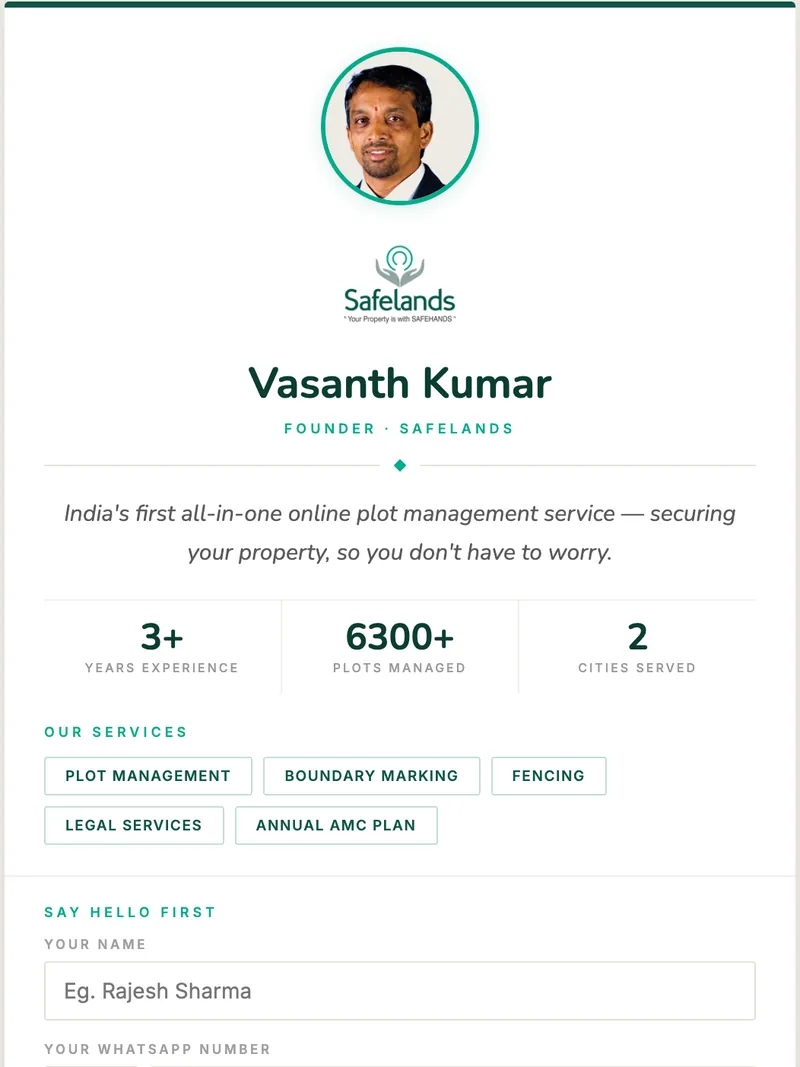 TapHello connect page designed for Vasanth Kumar, SafeLands — an online plot management service in Bengaluru